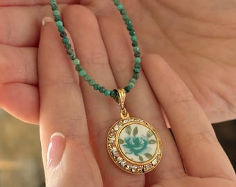 Repurposed Vintage China Turquoise Pendant Necklace, Crystal Accented Gold Tone (16"-19")