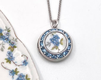 Forget Me Not Photo Locket Necklace,  Broken China Jewelry, Graduation Gift for Her