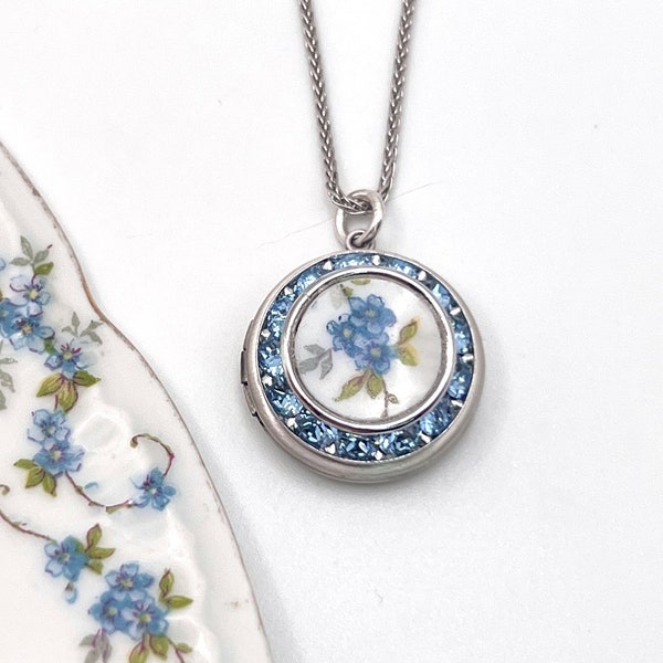 Forget Me Not Photo Locket Necklace,  Broken China Jewelry, Graduation Gift for Her