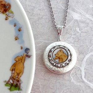 Winnie The Pooh Locket Necklace, Broken China Jewelry, Unique Gifts for Women, Pooh Bear Photo Locket, Gifts for Her