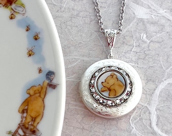 Winnie The Pooh Locket Necklace, Broken China Jewelry, Unique Gifts for Women, Pooh Bear Photo Locket, Gifts for Her