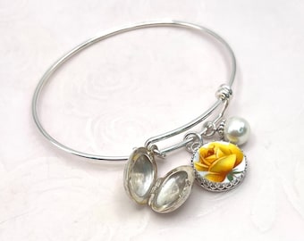 Sterling Silver Yellow Rose Bracelet, Locket Bracelet, Broken China Jewelry, Yellow Wedding