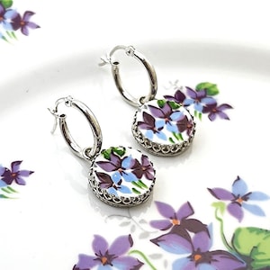 Unique 18th Wedding Anniversary Porcelain Gifts for Wife, Purple Violets, Hoop Earrings, Broken China Jewelry