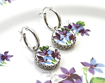 Unique 18th Wedding Anniversary Porcelain Gifts for Wife, Purple Violets, Hoop Earrings, Broken China Jewelry