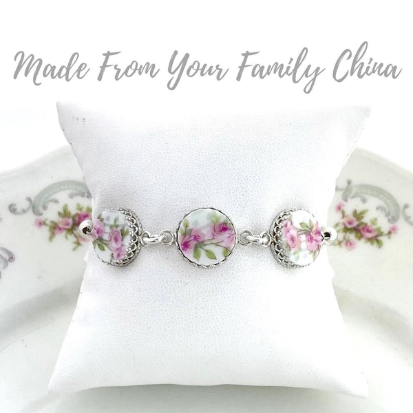 CUSTOM ORDER China Bracelet, Keepsake Jewelry, Broken China Jewelry, Custom Memorial Jewelry, Made From Your China, Silver Bracelet