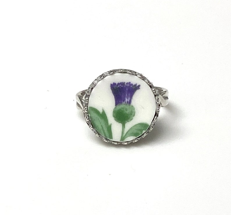 Broken China Jewelry Dainty Silver Ring Gifts for Women Hand Painted Thistle, Scottish Jewelry