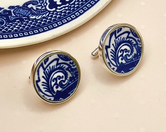 Unique 20th Anniversary Gift for Husband, Sterling Silver Cuff Links, Blue Willow Broken China Jewelry Cufflinks, Jewelry for Men, Wedding