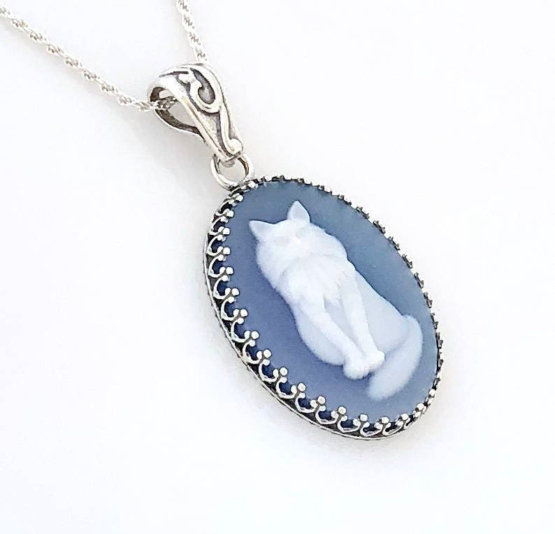 Blue Cameo Cat Necklace Romantic Anniversary Gift for Wife Sterling Silver Cat Jewelry