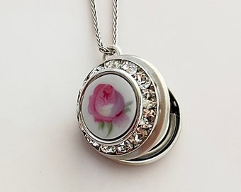 Adjustable Photo Locket Necklace, Romantic  Pink Rose Necklace, Unique Gift for Girlfriend, Broken China Jewelry