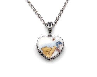 Winnie the Pooh Heart Necklace, Sterling Silver Necklace, Unique Gifts for Women, Broken China Jewelry Childhood Gift