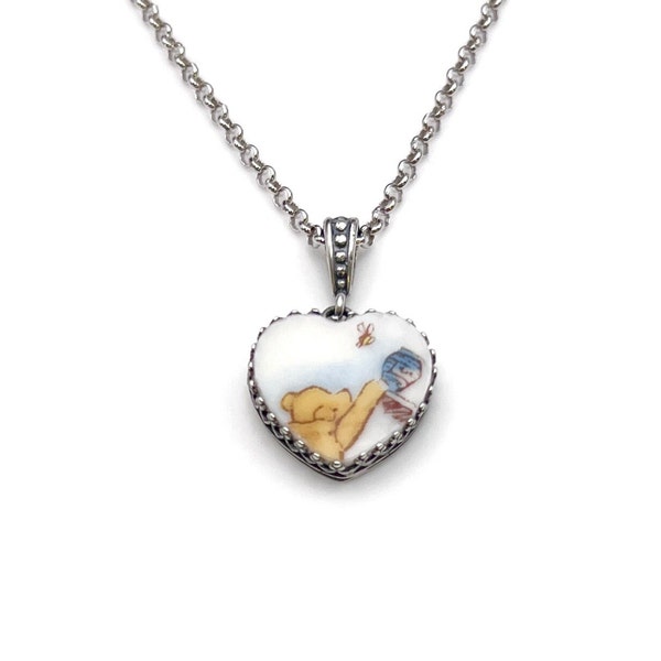 Winnie de Poeh hart ketting, Sterling zilveren ketting, unieke cadeaus voor vrouwen, gebroken China sieraden kindercadeau