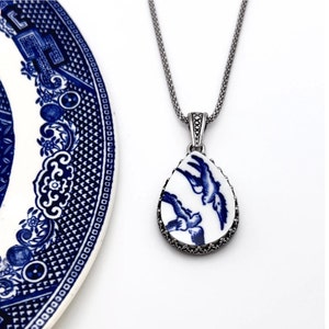 Sterling Silver Love Birds China Necklace, Broken China Jewelry, 20th Anniversary Gift for Wife, Blue Willow Ware Vintage China Jewelry