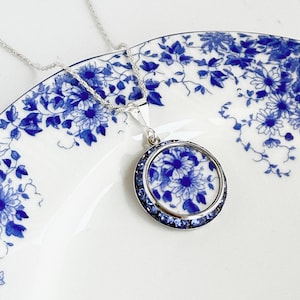 Blue and White Daisy Necklace, Traditional 18th Wedding Anniversary Gift for Wife, Antique Porcelain Jewelry