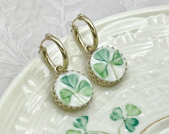 Belleek 14k Gold Hoop Earrings, Shamrock China, Broken China Jewelry, St Patricks Day Jewelry Gifts for Women, Irish Hand Painted China