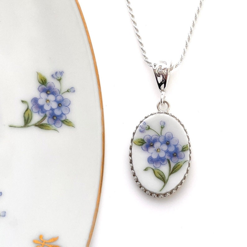 Broken China Jewelry, Forget Me Not Flower Necklace, Vintage China Necklace, 20th Anniversary Gift for Wife, Repurposed Jewelry image 3