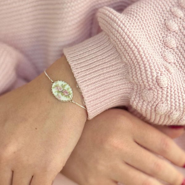 Porcelana francesa antigua, regalo para el 18.º aniversario de bodas para la esposa, delicada pulsera ajustable de plata de ley.