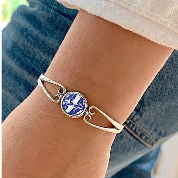 Regalo para el 9.º aniversario de tu esposa, pájaros del amor de sauce azul, joyería de porcelana rota, regalo para el 20.º aniversario, delicado brazalete de plata de ley.