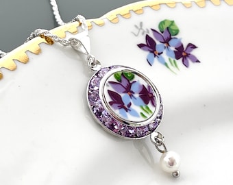 Purple Violet Crystal Necklace, Broken China Jewelry Pearl Pendant, Unique Birthday Gift for Wife