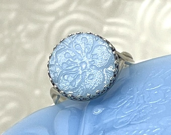 Delphite Cherry Blossom Ring, Vintage Glass Jewelry, Broken China Silver Adjustable Ring, Jeanette Glass,