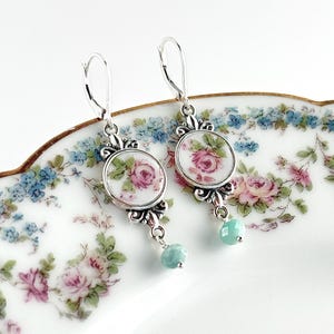 Emerald 20th Anniversary Gifts for Wife, Sterling Silver Gemstone Earrings, Antique Broken China Jewelry, Victorian Dangle Earrings, Pink