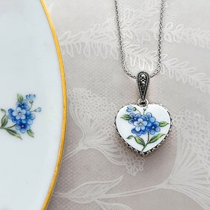 18th Anniversary Porcelain Gift for Wife, Forget Me Not Heart Necklace, Broken China Jewelry, Marcasite Stones, 20th Anniversary Gift