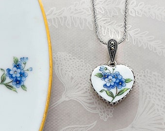 18th Anniversary Porcelain Gift for Wife, Forget Me Not Heart Necklace, Broken China Jewelry, Marcasite Stones, 20th Anniversary Gift