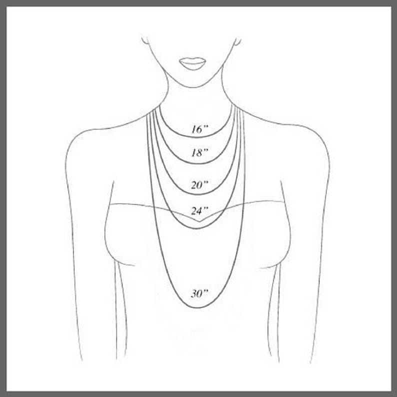 May include: Line drawing of a person with five necklaces of varying lengths. The necklaces are labeled with their lengths: 16", 18", 20", 24", and 30". The image is in black and white.