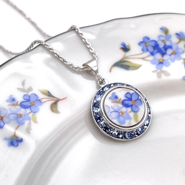 Dainty Forget Me Not China Necklace, Unique Birthday Gifts for Women, Blue Crystal Necklace, Handmade Vintage Broken China Jewelry