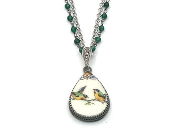 Emerald 20th Anniversary China Gift for Wife, Love Birds Broken China Jewelry, Gemstone Necklace