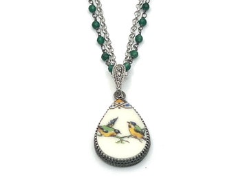 Emerald 20th Anniversary China Gift for Wife, Forget Me Not Broken China Jewelry, Gemstone Necklace