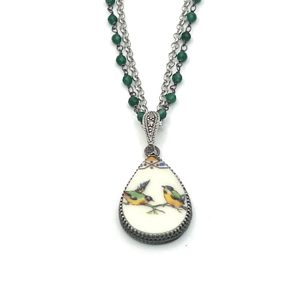 Emerald 20th Anniversary China Gift for Wife, Forget Me Not Broken China Jewelry, Gemstone Necklace