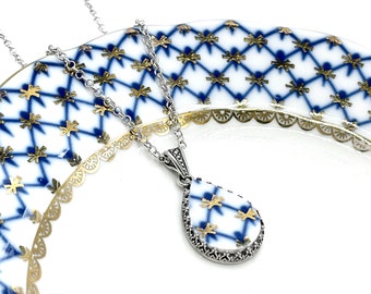 Blue and Gold Lomonosov Cobalt Net Porcelain Necklace, 20th Anniversary Gift for Wife