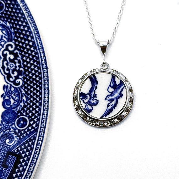 Love Birds China Necklace, Broken China Jewelry, Romantic 20th Anniversary Gift for Wife, Vintage Blue Willow Ware China