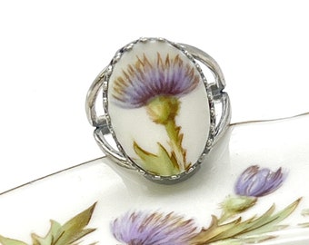 Scottish Thistle Broken China Jewelry Ring, Vintage China, Sterling Silver Adjustable Ring, Purple Thistle, Celtic