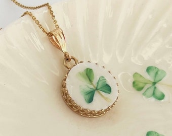 14k Gold Irish Belleek Pendant, 20th Anniversary Gift for Wife, Broken China Jewelry, Gifts from Ireland, Hand Painted Shamrock Necklace