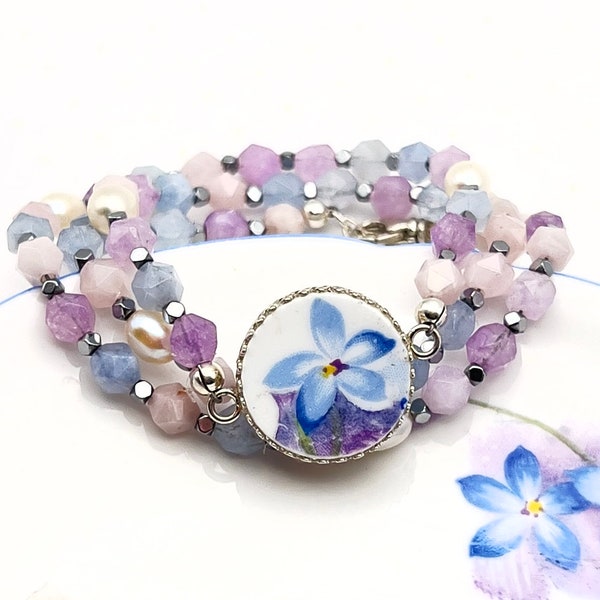 Shelley Vintage China Bracelet, Gemstone Wrap Bracelet, Violet Broken China Jewelry