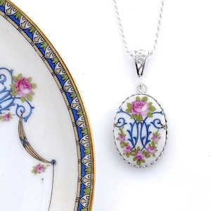Pink Rose Floral Necklace, Broken China Jewelry, 20th Anniversary Gift for Wife, Victorian Jewelry, Gifts for Women