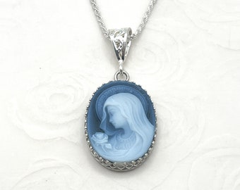 Blessed Mother Mary Blue Cameo Necklace, Religious Jewelry, Gifts for Women, Gemstone Cameo, Mothers Day Gift