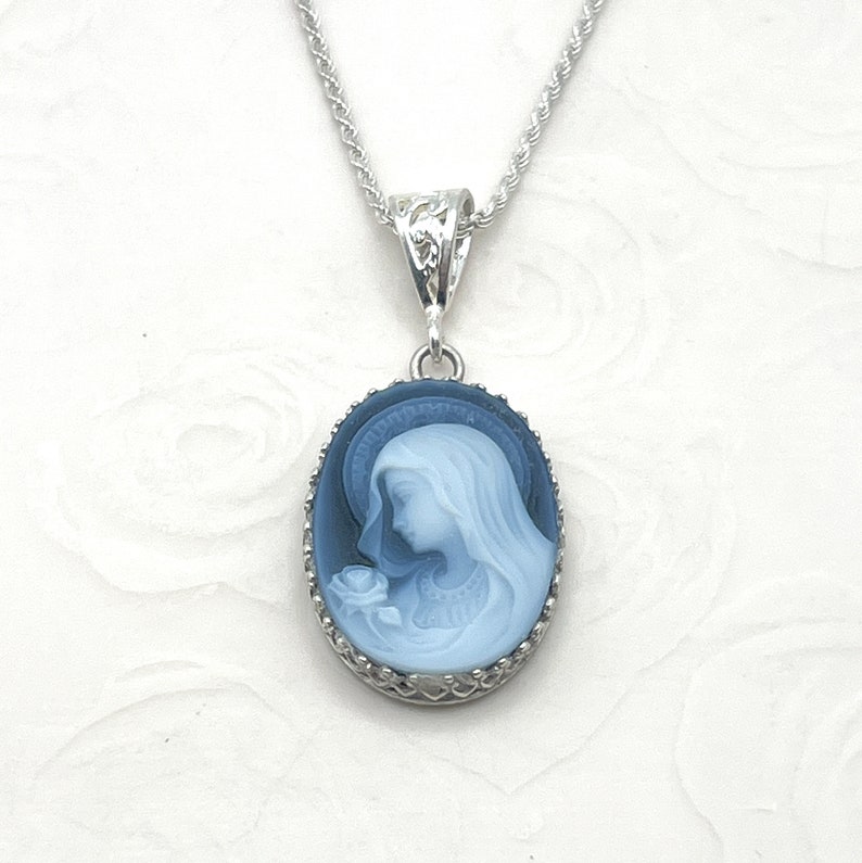 Blessed Mother Mary Blue Cameo Necklace, Religious Jewelry, Gifts for Women, Gemstone Cameo, Mothers Day Gift image 1