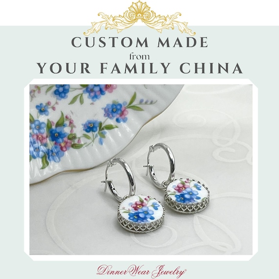 CUSTOM ORDER Sterling Silver Broken China Jewelry Hoop Earrings