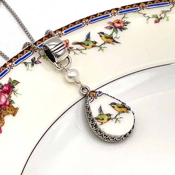 Limoges China Love Birds ketting, gebroken China sieraden, 20e verjaardag cadeau voor vrouw, Franse sieraden cadeau uit Frankrijk