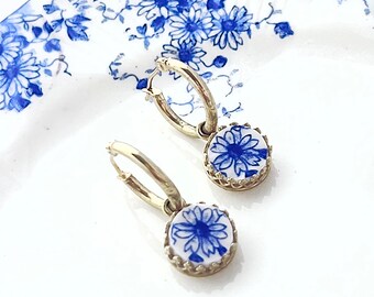 14k Gold Shelley Dainty Blue Earrings, Solid Gold Hoop Earrings, Unique 20th Anniversary Gift for Wife, Broken China Jewelry, Blue Flowers