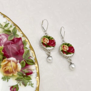 Old Country Roses China Earrings, Pearl Drop Earrings, Vintage Royal Albert Broken China Jewelry, Anniversary Gifts for Women