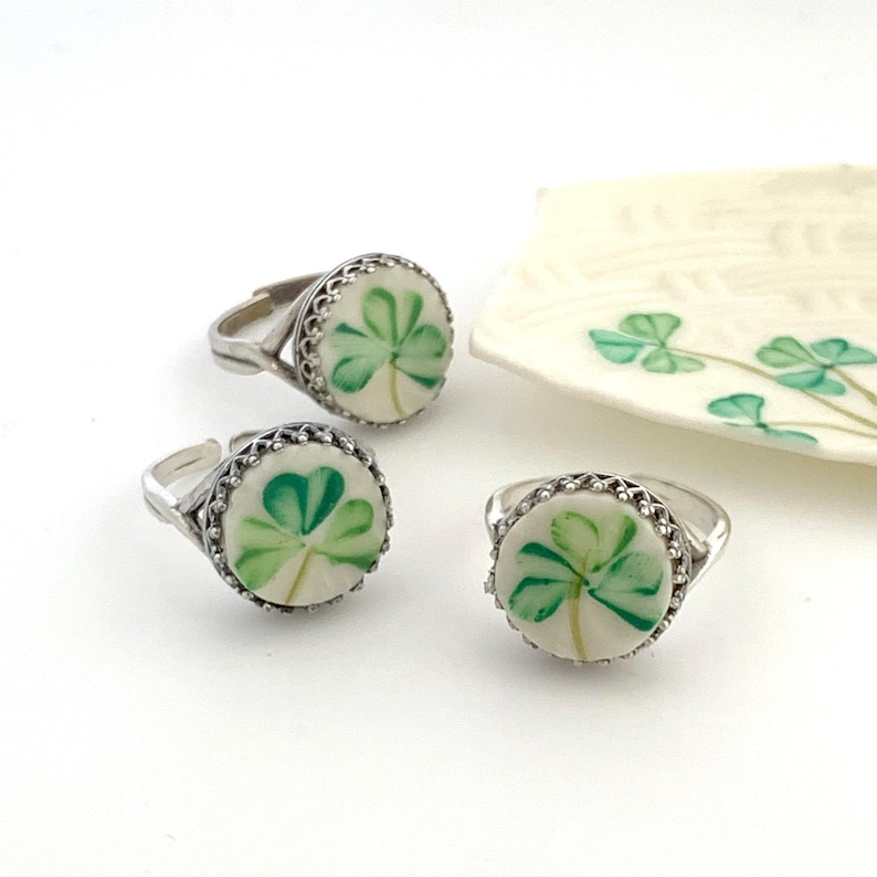 Sterling Silver Irish Ring, Belleek Broken China Jewelry, Celtic Ring, Adjustable Ring, Unique Gifts for Women, Clover Ring, Good Luck Gifts image 2