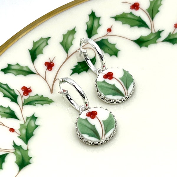 Lenox Holiday Broken China Jewelry,Sterling Silver Hoop Earrings, Unique Christmas Jewelry