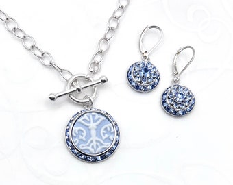 Sterling Silver Toggle Necklace, Blue Wedgwood Jewelry Set, Crystal Necklace, Jasperware, Gifts for Her