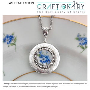 Forget Me Not Flower Locket Necklace, Broken China Jewelry, Unique Anniversary Gifts for Women, Vintage Photo Locket, Gifts for Her