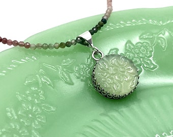 Minimalist Tourmaline Necklace, Fire King Alice Jadeite, Depression Glass Broken China Jewelry