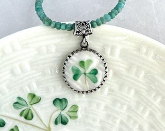 One-of-a-Kind Necklace, Irish Belleek Shamrock Jewelry, Sterling Silver and Amazonite