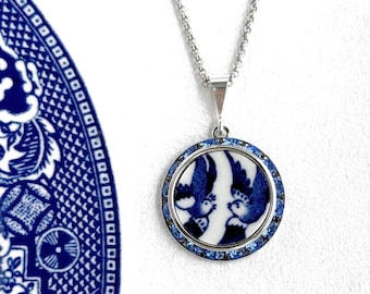 Love Birds China Necklace, Romantic 20th Anniversary Gift for Wife, Crystal Blue Willow Jewelry